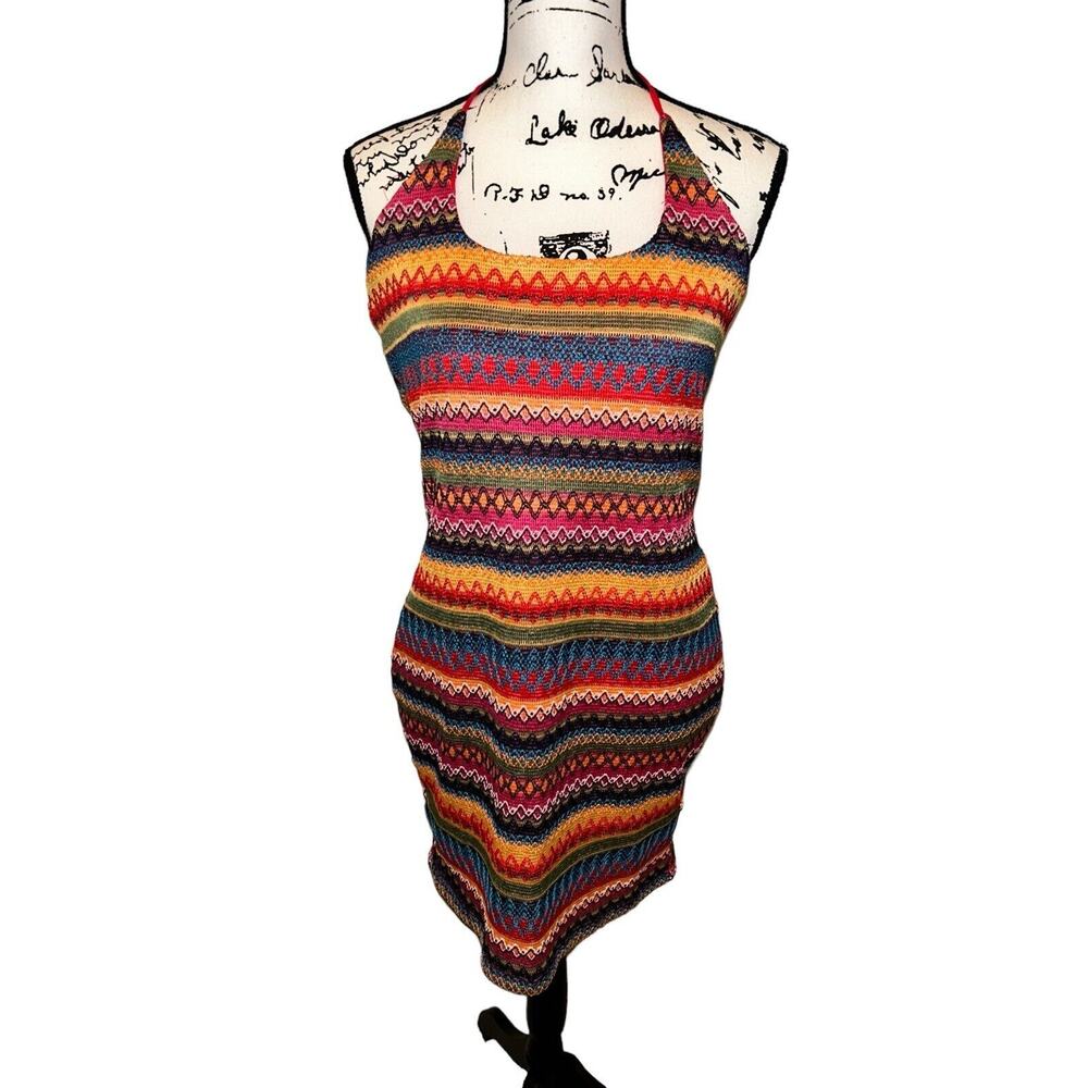 Shein Curve Vcay Halter Rainbow Woven Summer Dress Woman's Size 0XL‎